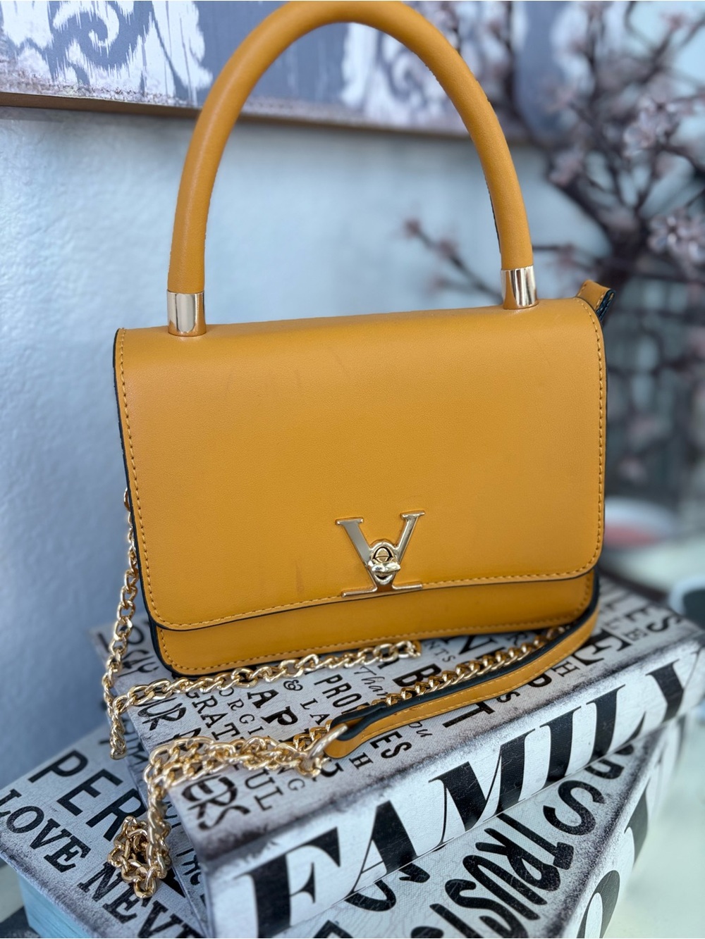 V-Logo Top Handle Mini Bag in Mustard